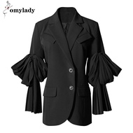สีดำ Patchwork Ruffle Blazer สำหรับหญิง Notched แขนยาวเกาหลีเสื้อแจ็คเก็ตลำลองหญิงแฟชั่นเสื้อผ้าใหม่