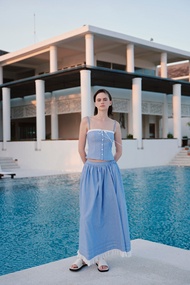 Set áo 2 dây và chân váy maxi cột nơ trẻ trung Blue Striped Linen Maxi Set phù hợp đi biển OLV