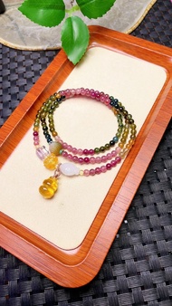 原創手工客製天然碧璽三圈手鏈  色澤油潤  配天然鹽源瑪瑙蓮花珠