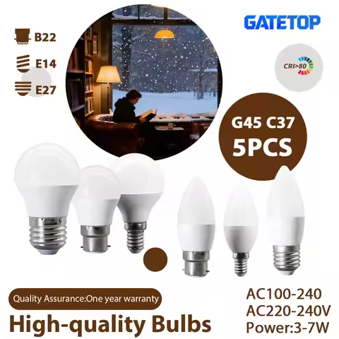 5PCS LED Candle Mini Bulbs C37 G45 3W-7W E14 E27 B22 Bases Flicker Free AC220V Ideal for Home Study 