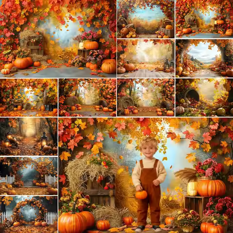 Autumn Backdrop for Photography Hay Pumpkin Maple Forest Family Kid Baby Portrait Thanksgiving Day D