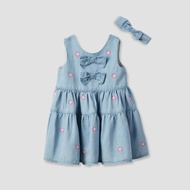 Babyshop Juniors Round Neck Sleeveless Knee Length A-Line Denim Dress With Headband