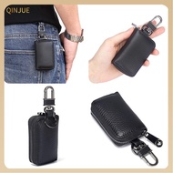 QINJUE Leather Car Key Bags Zipper Classic Keychain Holder Universal Hook Wallet Organizer Men Women