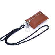 Minimalist Leather Zip Coin Purse - with Keyring Lanyard Portable Coin Pouch for Coins & Keys