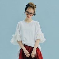 白色拼接燈籠袖上衣