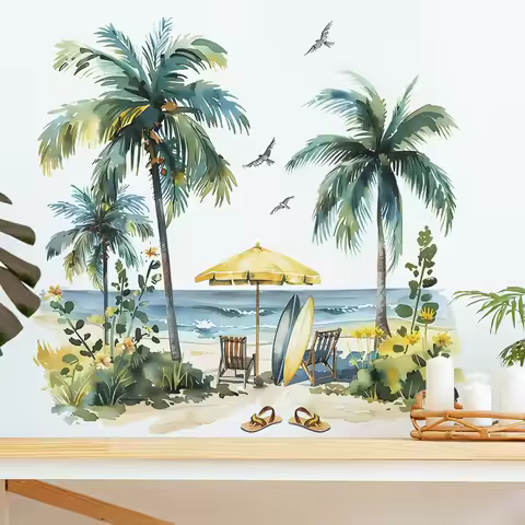 Colored Summer Beach Coconut Trees Wall Stickers Living Room Background Decor Decals Bedroom Home De
