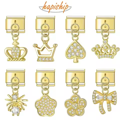 Hapiship Bracelet Daisy Animal Bowknot Crown Moon Dazzling CZ Italian Charm Links Fit 9mm Bracelet J
