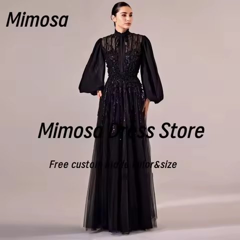 Mimosa Black Prom Dresses High Collar Beaded Luxury Evening Party Dress Long Sleeves Robe Des Soiree