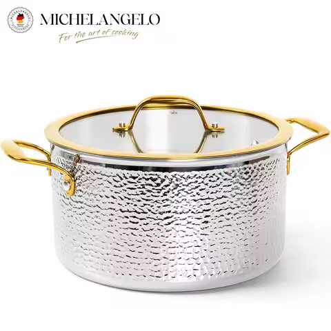 MICHELANGELO Non-stick Stock Pot with Lid Luxury Hammered Stainless Steel 6 Quart Pot with Golden Ha