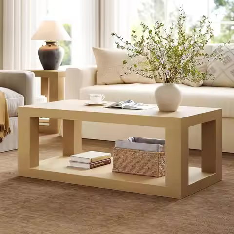 Coffee Table, 47" Rectangle Coffee Table with 2-Tier Storage Space, Large Farmhouse Center Table Spa