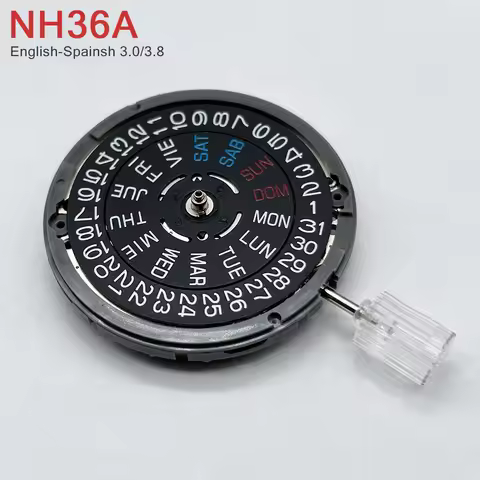 Japan Genuine NH36 Movement English-Spanish Datewheel Crown at 3.0/3.8 O'clock Mod NH36A Day-Date at