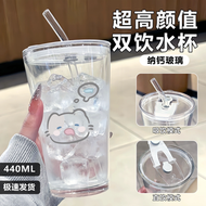 新款可愛貓玻璃杯高顏值可定製飲筒杯-DJU01犯困小貓【玻璃吸管+蓋子】加厚杯體/防漏杯蓋 均碼-款式2