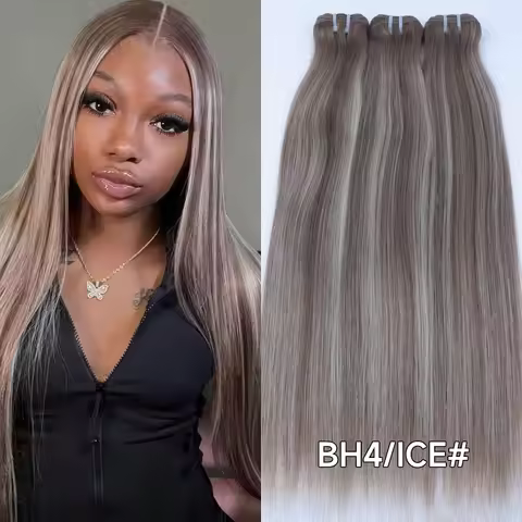 Highlight Ash Blonde Straight 100% Human Hair Extension Double Weft Full Head Ash Brown and Platinum
