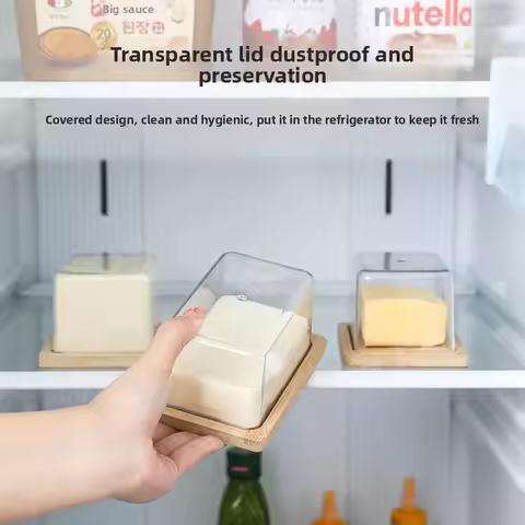 Nordic Countertop Bamboo Butter Dish Plate with Transparent Acrylic Lid Kitchen Storage Butter Conta