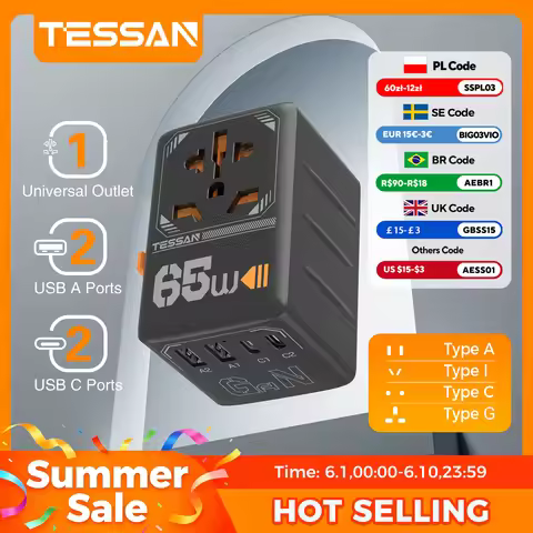 TESSAN 65W GaN International Plug Travel Adapter with USB Type C 140/100/35W Worldwide Universal Pow