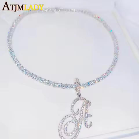 2026 New A-Z Cursive Letters Name Pendant Necklace Iced Out Bling 5A Cubic Zircon CZ Silver Color Le