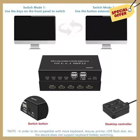 4K 60Hz -Compatible USB KVM Switcher Selector 4 In 1 Out For 4 PC Share Monitor Mouse Keyboard 4-Por