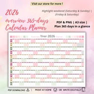 2026 Year Overview Calendar Planner A3 PDF & PNG – Printable Wall Overview 365 Days | Digital Downlo
