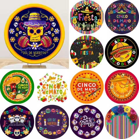 Mexico Fiesta Party Round Backdrop Cover May 5th Cinco De Mayo Skeleton Day of The Dead Kids Adults 