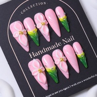 Handmade Long Pointed Nail Tips In Pink French Y2K Style & 3D Hand Carved Patterns & Hand Painted Gr
