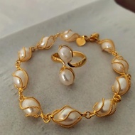 SET PERHIASAN MUTIARA AIR TAWAR PUTIH GELANG CINCIN LAPIS EMAS 24K