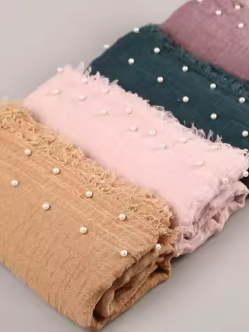 Premium Crinkle Cotton Hijab Beads Scarf Pearl Wrinkle ShawIs Wraps Crumple Muslim Headscarf Tudung