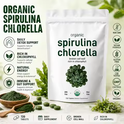 Organic Spirulina Chlorella Tablets 3000mg 720 Count Superfood Blend with Vegan Protein Energy Immun