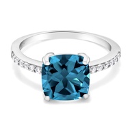 Gem Stone King 925 Sterling Silver London Blue Topaz Engagement Ring For Women (2.86 Cttw, Cushion C