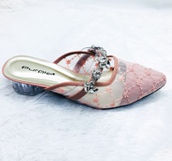 sendal hak 5cm pesta brukat wanita model permata rantai oriana heels tahu kaca by purple shoes
