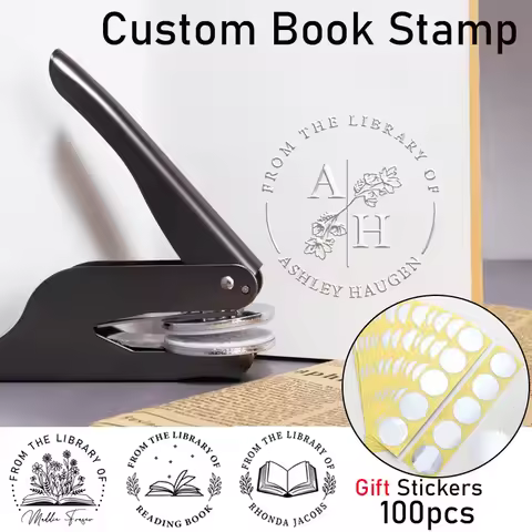 Personalized Book Embosser,100pcs Sliver Stickers Kit Library Embosser Stamp,Ex-libris Embosser,Cust