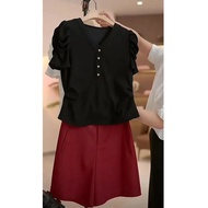 【00118vf4i5b31.my】 Puff Sleeve V-Neck T-Shirt for Women - Genuine Shoulder Detail, Slimming Fit, Cas