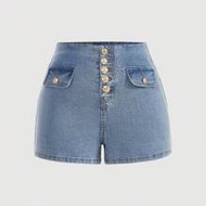 Plus Size Distressed Denim Shorts, Casual Stretchy Skinny Pants With Button Closure, Blue Summer Vac