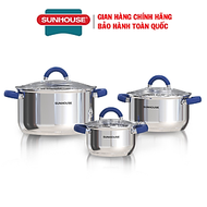 Bộ nồi inox 3 đáy Sunhouse SHG361, Chất liệu inox sáng bóng an toàn cho sức khỏe, Vung kính cường lự