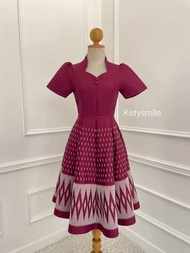 N564 ชุดเดรสผ้าทอลาย คอปีน สวยไม่ซ้ำใครแน่นอนจ้า พร้อมส่ง S-M-L-XL-2Xl N564