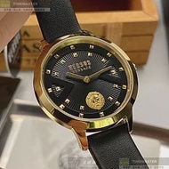 VERSUS VERSACE凡賽斯精品錶,編號：VV00062,34mm圓形金色精鋼錶殼黑色錶盤真皮皮革深黑色錶帶