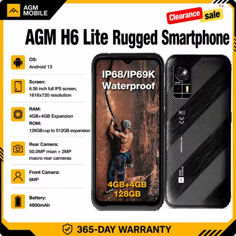 AGM H6 Lite Rugged Smartphone 4GB+128GB 50MP Camera 6.56 "HD+ IPS Display Phone IP68 IP69K 4900mAh N