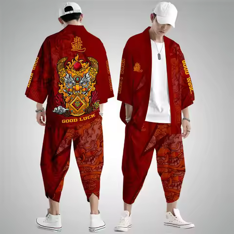Two-piece Suit Dragon Lion Dance Japanese Style Fashion Kimono And Pants Set Men Cardigan Blouse Hao