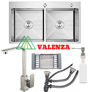 Combo chậu rửa chén bát inox 8245 hai hố cân, vòi rửa bát nóng lạnh Vuông, bình xà phòng, rá inox gá