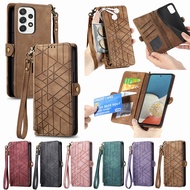 Wallet Case for Samsung Galaxy A72 A52 A52s A32 A50 A50s A30s A13 A12 A51 A71 4G 5G Fashion Embossed Kickstand Zipper Leather Women Flip Cover Phone Casing with Lanyard