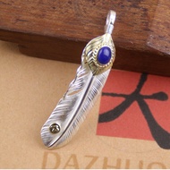 จี้ขนนกสีทองลายจุดหินสีเขียว Goros สะพานสูงทำมือเงอะงะเงินแท้925สำหรับทั้งผู้ชายและผู้หญิง goros