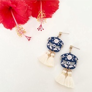 Wau Bulan - Round zirconia studs with beaded wau bulan and double tassels dangle