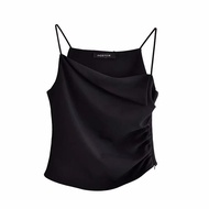 TRAF Za Top Women Black Ruched Crop Top Woman Sexy Backless Summer Top Female Sleeveless Off Shoulder Thin Straps Camisole