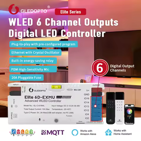 GLEDOPTO Elite 6D-EXMU WLED Controller 6 Channel Outputs DC 5-48V 15A Plug-to-Play Ethernet + WiFi P