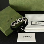💕GUCCI 古驰 经典皮革编织黄铜“Gucci”手镯 黑色