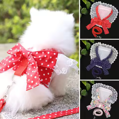 Cute Dog Harness Sweet Small Pet Leash Bow Lace Rose Dot Breathable Puppy Vest Traction Lightweight 