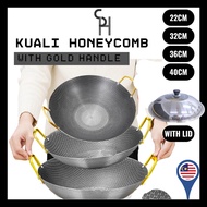 GREAT Stainless Steel Honeycomb Wok Pan | Anti-Explosion | Elegant Gold Holder