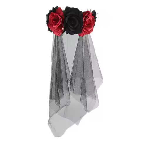 Women Halloween Artificial Rose Flower Skull Face Headband with Black Lace Veil Mexican Day of The D