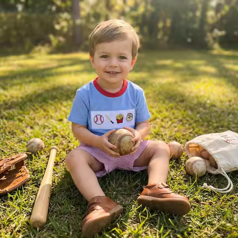 Kids Boys Summer 2Pcs Casual Sets Short Sleeve O Neck Baseball Embroidery T-shirt Tops and Striped S