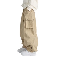 Men Pants with Multi Pockets Elastic Waist Ankle-banded Oversized Vintage Cargo Pants Solid Color St