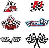 6pcs Racing Patches Iron On, Checkered Flag Patches Classic Black White F1 for Nascar Car Patch Deco